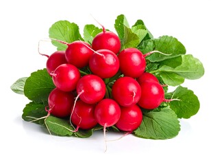 A cluster of vibrant red radishes with green leafy tops