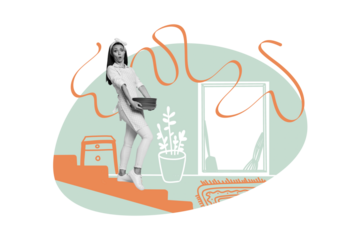 Creative collage picture young girl houseworker duty service walk stairs down carry stack dishes cleanup interior house drawing background