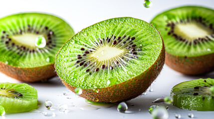 Fresh green kiwi slice with water drops, close-up macro shot showing juicy texture and freshness – 4K image