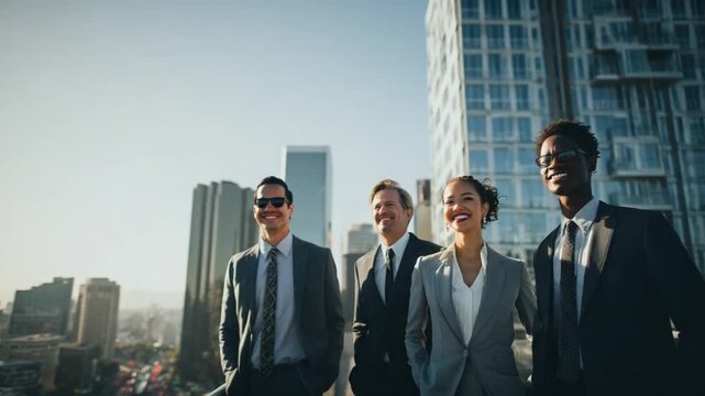 Skyline Stride: A poised, diverse group of businesspeople strides confidently across a rooftop, with skyscrapers punctuating the horizon.