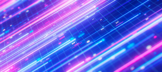 Bigdata light speed planar flow. Abstract digital data stream of quantum computing. Cyberspace of qubit trails. Modern tech information transmission.