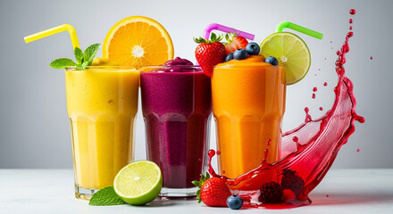 Refreshing and vibrant smoothie assortment with a burst of fruity flavors and colorful presentation, perfect for a healthy treat