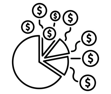 A minimalist line art icon of a pie chart showing financial distribution, a vector graphic for visualizing budget allocation or profit sharing data