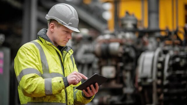 Industrial Inspection with Digital Precision: An engineer in safety gear diligently reviews data on a tablet amidst machinery, signifying operational oversight and engineering diligence