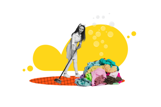 Trend artwork composite sketch image 3D photo collage of home domestic cleaning chores staff housewife young woman wash floor mop clothes - Powered by Adobe