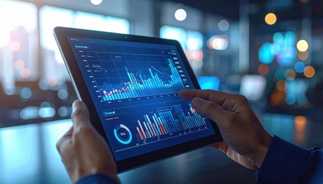 Person analyzing data on a tablet in a modern office with cityscape view and soft lighting