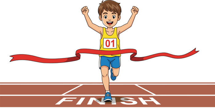 Cartoon boy crossing race finish line, yellow tank top runner, joyful victory moment, athletic achievement pose, kids sports success vector illustration