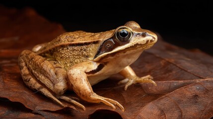 Common frog resting on fallen leaf
