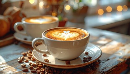 Two beautifully crafted cups of coffee with latte art on a rustic wooden table surrounded by coffee beans and soft lighting