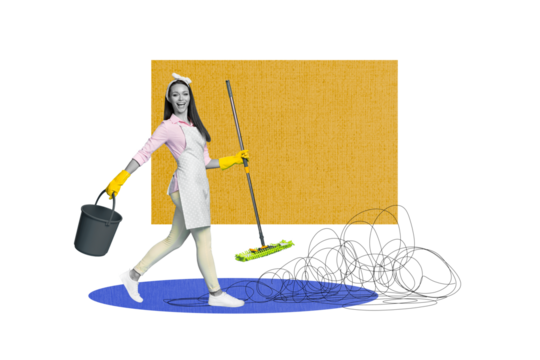 Composite photo collage of happy girl housemaid carry bucket mop household chores duties cleaning isolated on painted background
