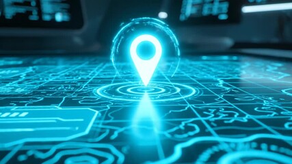 Digital map navigation with glowing location marker on a futuristic interface - Powered by Adobe
