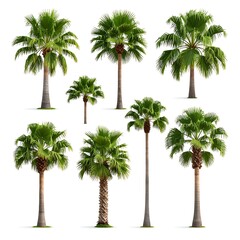 A collection of diverse palm trees against a clean, white backdrop