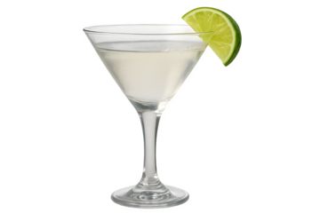 Martini cocktail with lime wedge garnish isolated on white background great for bar graphics, nightlife designs, cocktail promotions, party advertising, and beverage lifestyle creative concepts