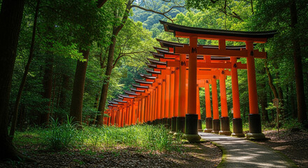 The iconic fushimi inari shrine with its thousands of vibrant red torii gates winding through a lush green forest in kyoto