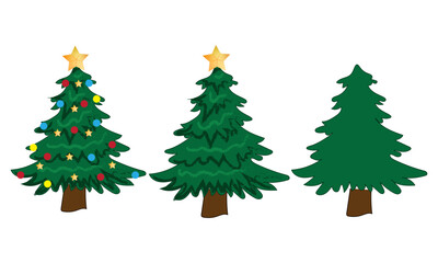 Christmas Tree Collection Decorated, Simple, and Blank Pine Trees Vector Illustration.