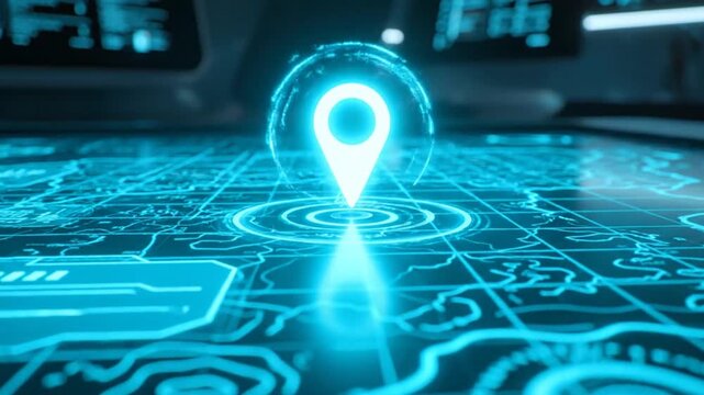 Digital map navigation with glowing location marker on a futuristic interface