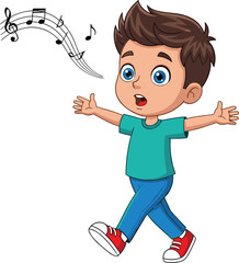 Cartoon boy singing with musical notes, joyful expression, vector illustration for kids, music activity, performance, sound, entertainment, character design