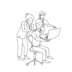 two employees and a senior with a laptop in the office