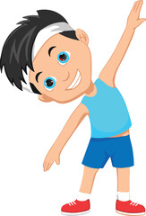Cartoon child doing side stretch exercise, blue sports outfit pose, cheerful fitness movement, healthy lifestyle activity, kids workout vector illustration