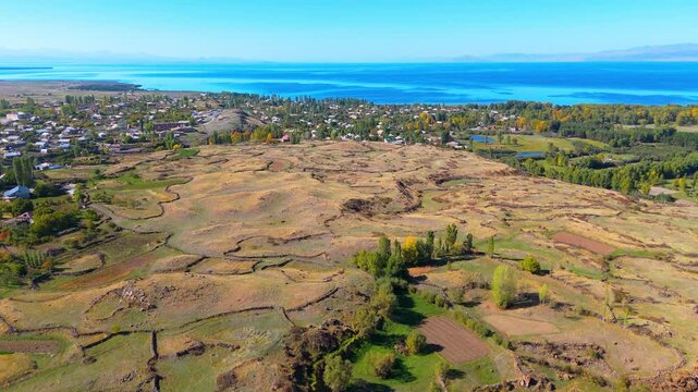 Beautiful view of the lake. Landscape of lake Sevan by drone 