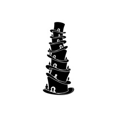 A black and white illustration of a stack of top hats with tiny people on them silhouette