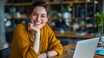 Radiant Smile in Workspace: A vivacious individual beams with joy, posing for a picture in her workspace. Captured in a warm moment.