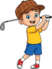 Cartoon child playing golf, cheerful boy swinging club, sports activity illustration, outdoor fun moment, energetic movement, kid athlete vector art