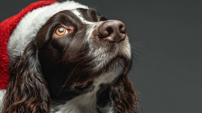 Attentive brown springer spaniel dog in festive christmas hat. cute pet animal studio shot looking up for christmas holiday season