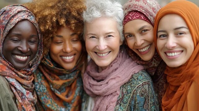 Radiant Faces of Sisterhood: A portrait of five diverse women, their faces alight with genuine smiles and an air of serene camaraderie, capturing a moment of unity.