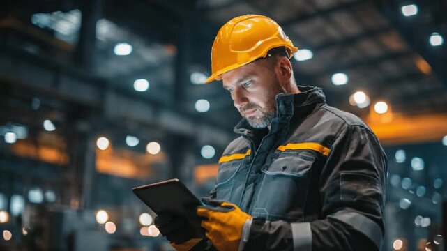 Engineer's Focus in Industrial Plant: An engineer, clad in a safety helmet, reviews data on a digital tablet within the expansive setting of a modern industrial plant.