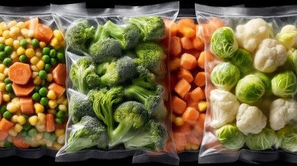 Freshly packed frozen vegetables in clear bags ready for healthy meals