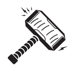 Hammer of God with lightning bolts, black silhouette outline, minimalist stencil design, vector outline on a transparent background.