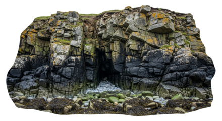 A rugged rocky cliff face with a cave entrance isolated on transparent background, displaying natural rock formations