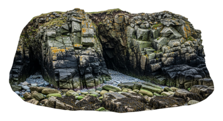 A rocky cliff face with a small cave opening isolated on transparent background, showcasing natural rock formations