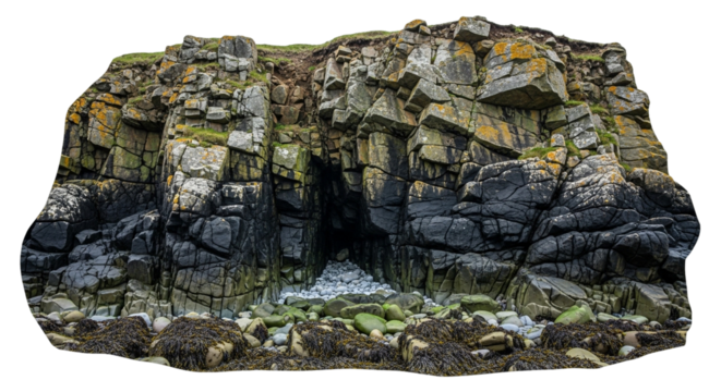 A rugged rocky cliff face with a cave entrance isolated on transparent background, displaying natural rock formations