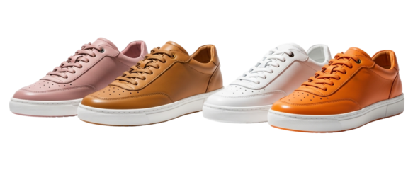 A stylish collection of four leather sneakers in pink, tan, white, and orange, isolated on transparent background, showcasing footwear