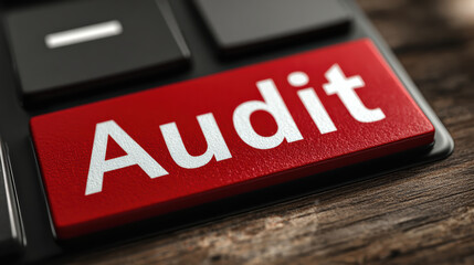 Focused business concept of an audit and finance inspection. red button on computer keyboard for accounting, tax, and compliance review