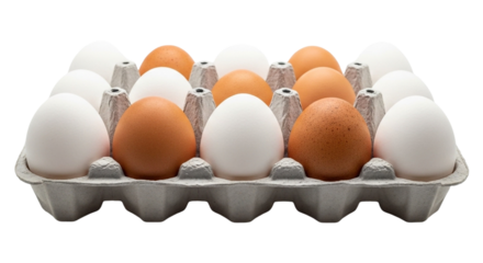 Carton of fresh eggs isolated on transparent background, showcasing a mix of white and brown shelled eggs in a gray container