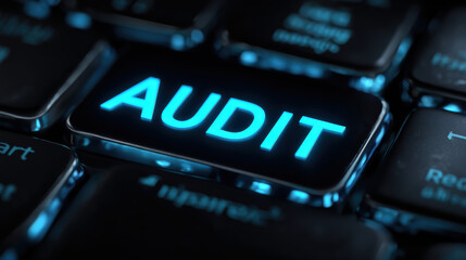 Serious blue audit key glowing on black keyboard for business finance. Important concept for inspecting report and technology compliance