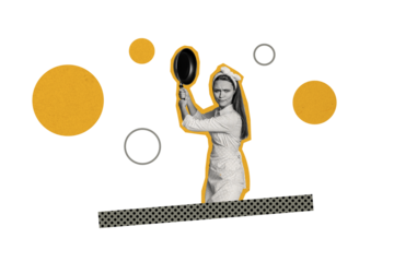 Composite trend artwork 3D sketch image photo collage of silhouette young lady housewife hairdo confident pose hand hold cooking equipment