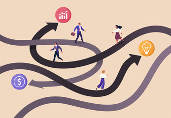 Career Path Concept. Vector illustration of business people walking on different winding roads with arrows leading to icons of growth, money, and ideas, symbolizing career choices and opportunities.