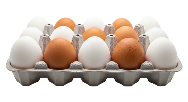 Carton of fresh eggs isolated on transparent background, showcasing a mix of white and brown shelled eggs in a gray container