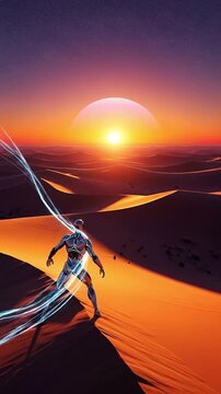 An awe-inspiring digital render depicting a powerful, futuristic bionic figure standing on a vast, undulating desert landscape at twilight. The metallic entity, with its intricate design, faces a colo