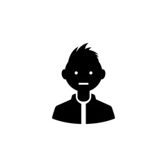A black silhouette of a person with spiky hair and a collared shirt on white background