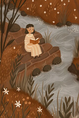 Girl Reading by the River in Autumn — Cozy Illustration