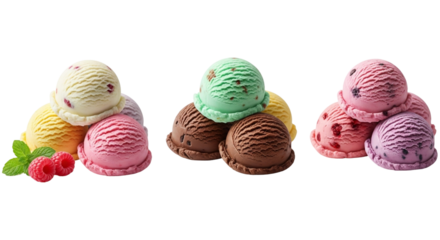Colorful ice cream scoops isolated on transparent background, a refreshing treat for a hot summer day