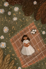 Girl Reading on Picnic Blanket with Daisies — Cozy Autumn Illustration
