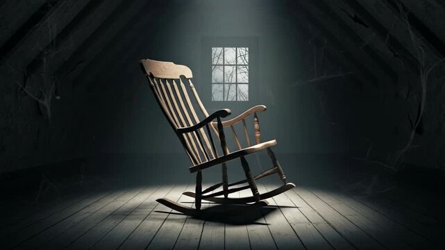 Empty Rocking Chair in a Spooky Attic - An empty rocking chair sits in a dimly lit attic, bathed in a single spotlight. The scene evokes a sense of mystery and foreboding.