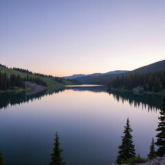Fototapeta premium A serene lake reflects the surrounding forest and sky during dusk, creating a tranquil scene.