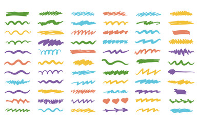 Colorful Hand Drawn Doodle Scribble and Underline Brush Strokes Set. Vector Collection of Wavy Lines, Zigzags, and Marker Shapes. Artistic Elements for Text Highlight, Annotation, and Creative Graphic